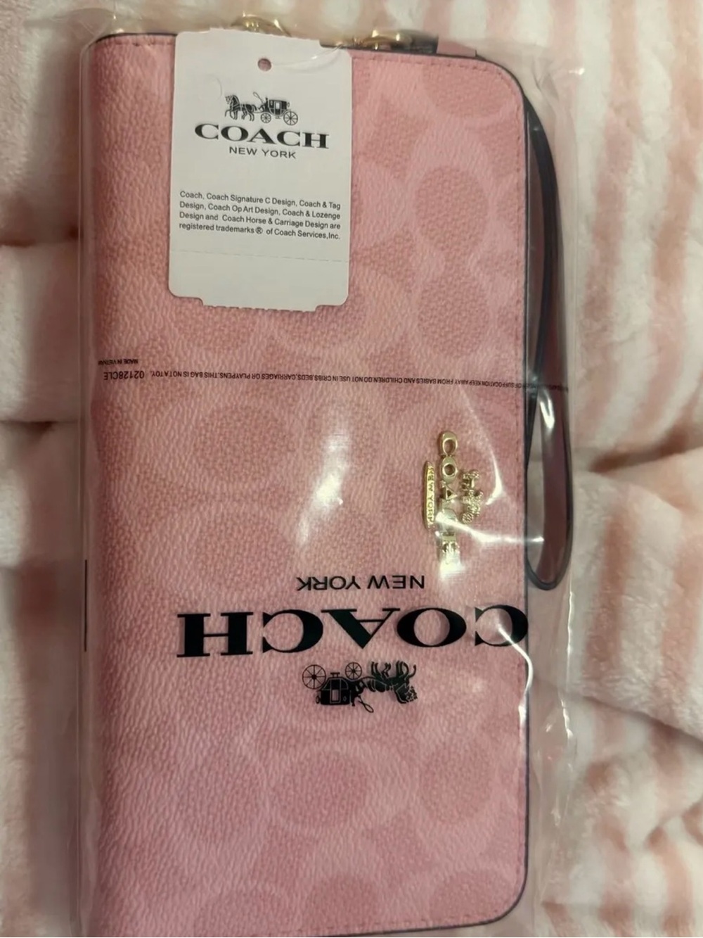 Coach Pink Signature Zip-Around Wallet with Gold Logo